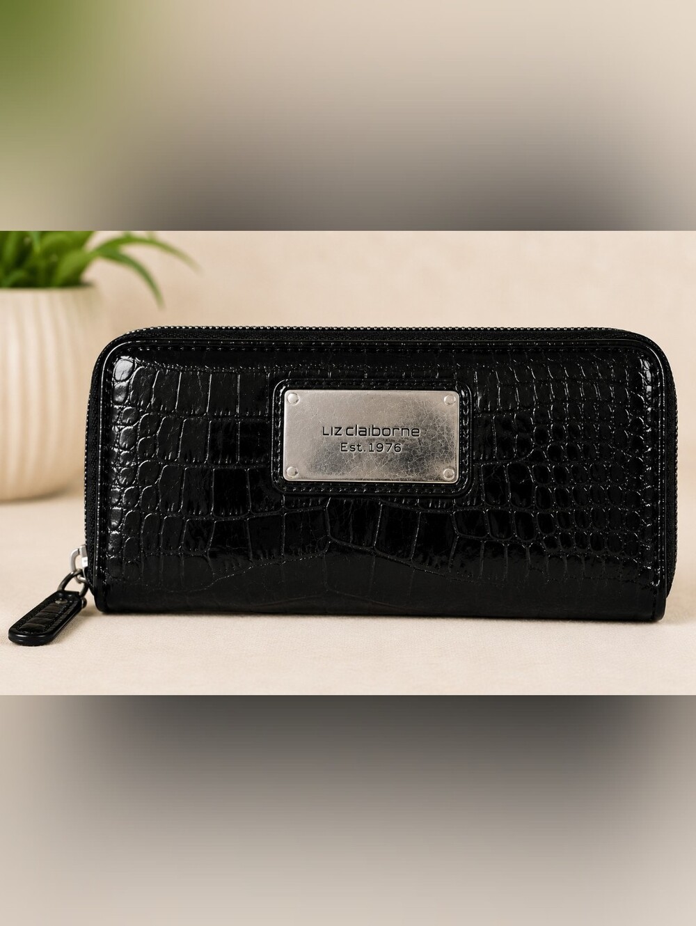 Liz Claiborne Black Croc Embossed Zip Around Wallet